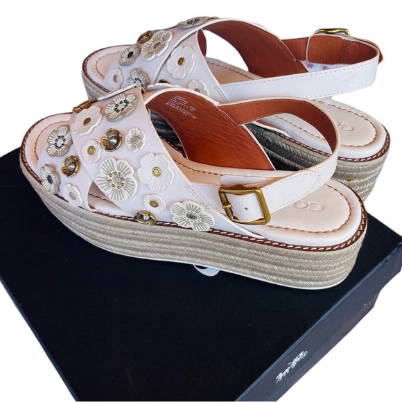 Coach Metallic white espadrille platform sandals with metallic flower studs. - Picture 8 of 11